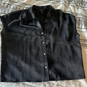 Rachel Zoe Black Satin Button-Down Cap Sleeve Shirt Womens XL silky sleek